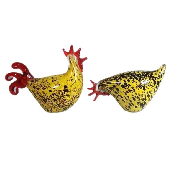 Murano Style Blown Italian Art Glass Yellow Speckled Rooster Hen Chicken Set - Picture 1 of 16